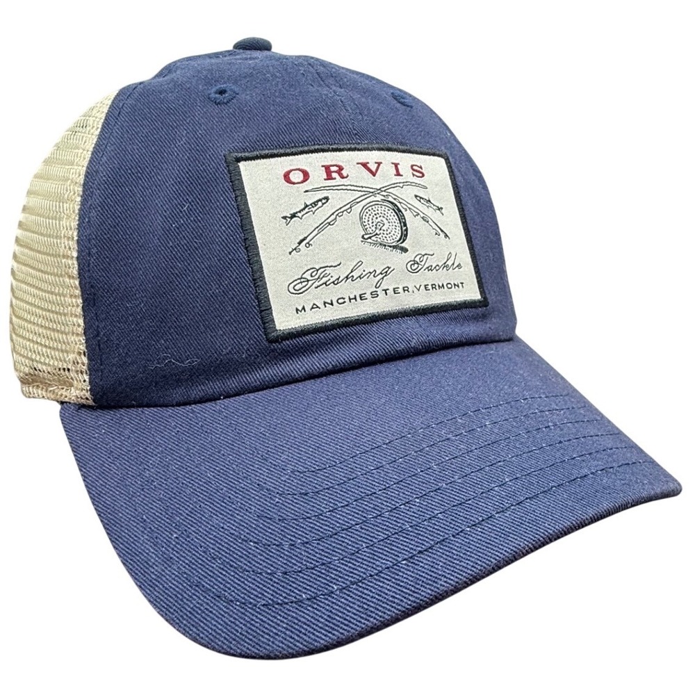 Orvis Fishing Tackle Trucker Hat Navy Blue Tan Mesh Adjustable Patch Cap